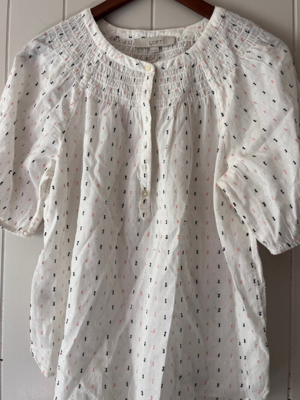 White Smocked Yoke Short Sleeve Blouse